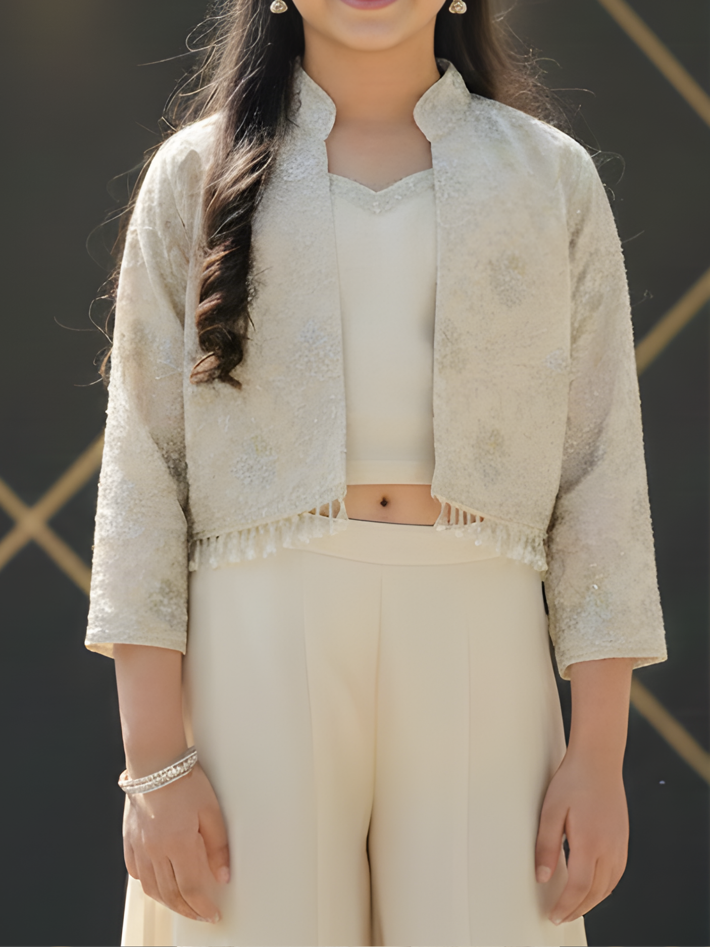 Girls Cream Pearl-Accent Embroidered Jacket and Palazzo Set