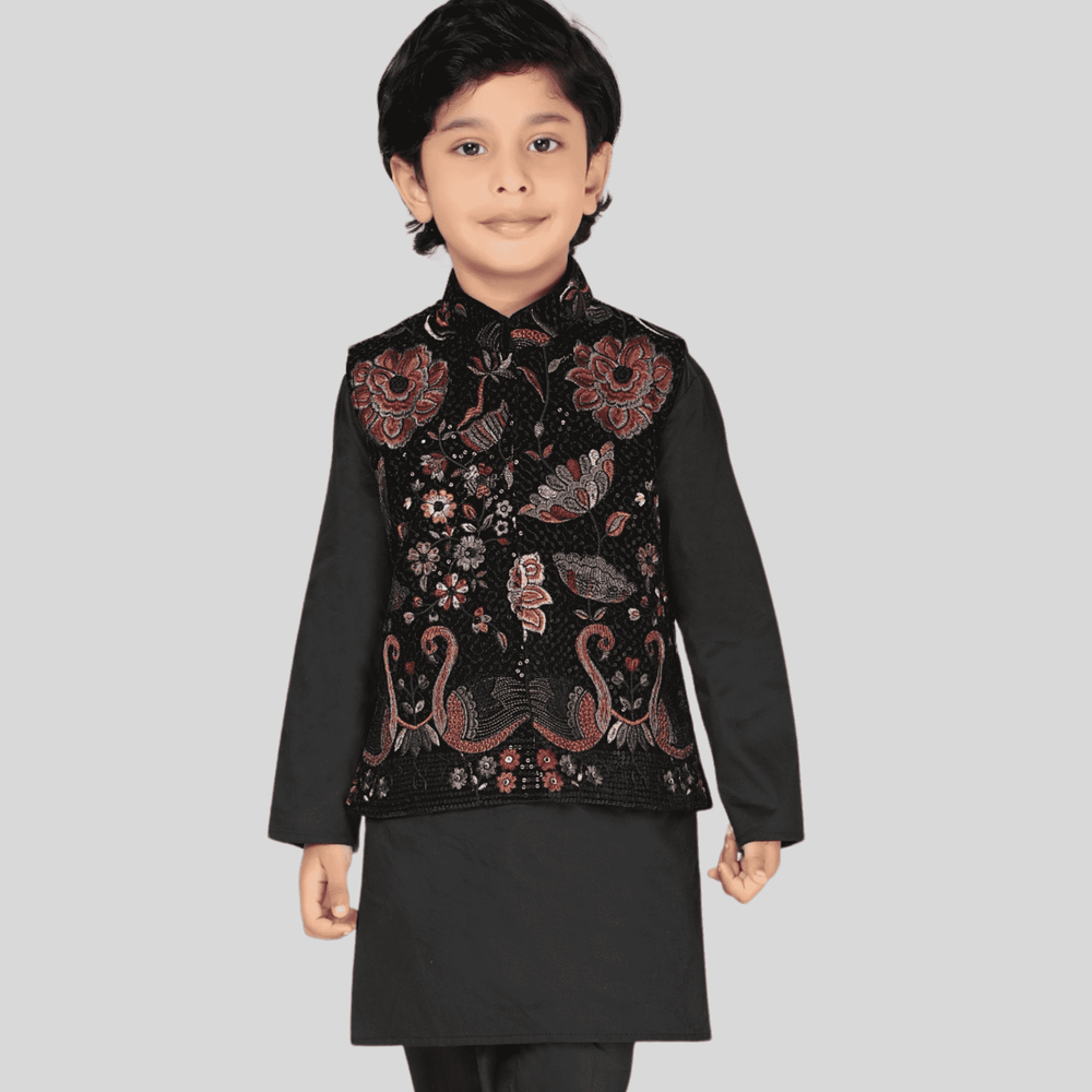 Boys Traditional With Work Indo Western Kurta Set - Black