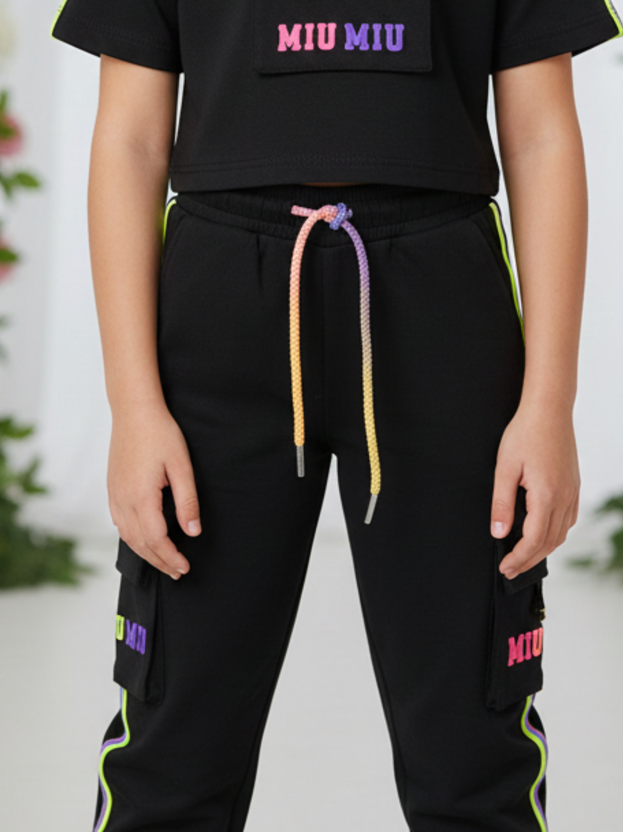 Girls' Black Crop T-Shirt & Cargo Jogger Set | Rainbow Print Co-ord Set