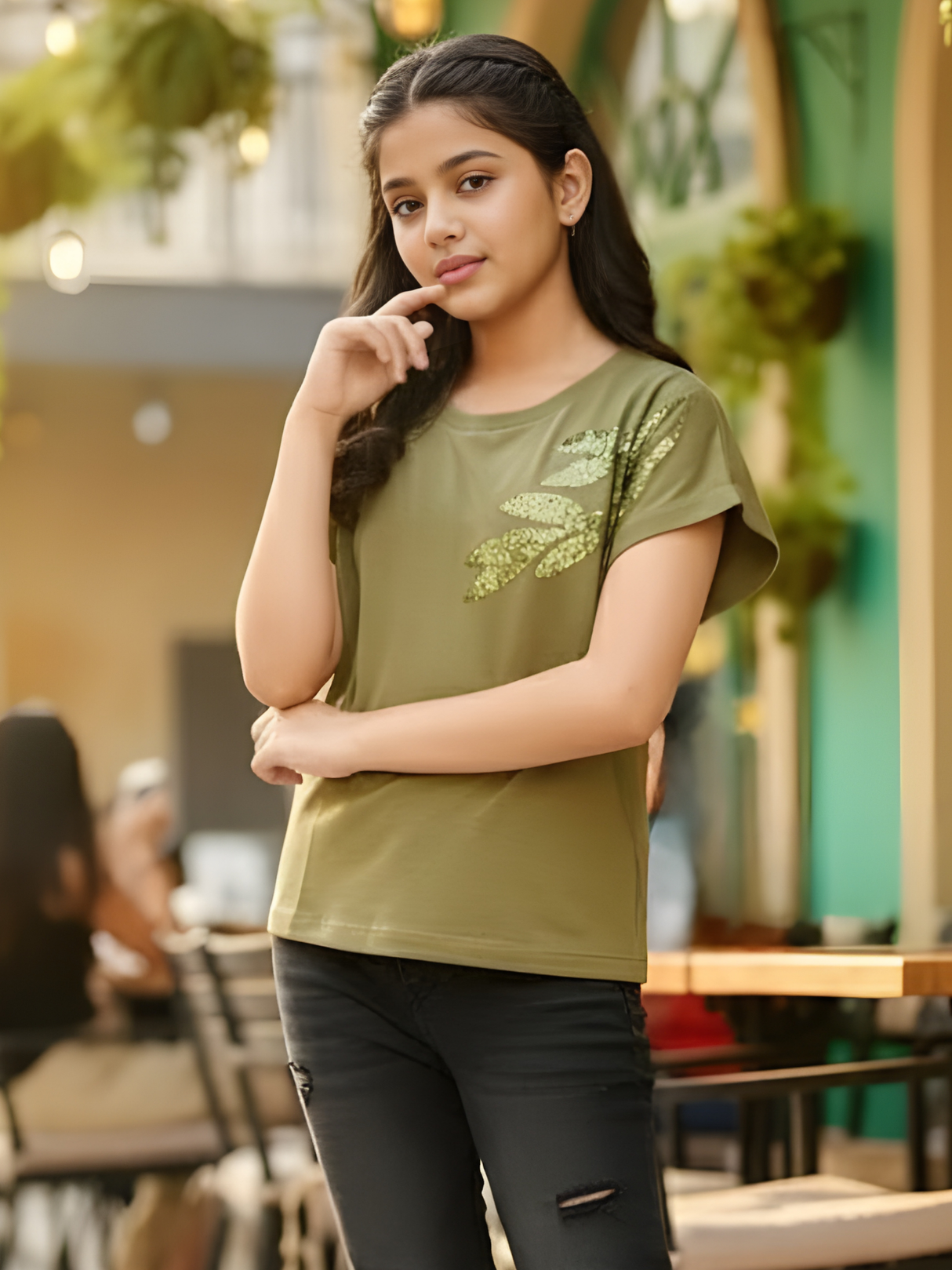 Girls Olive Green Cap Sleeve Top with Gold Leaf..