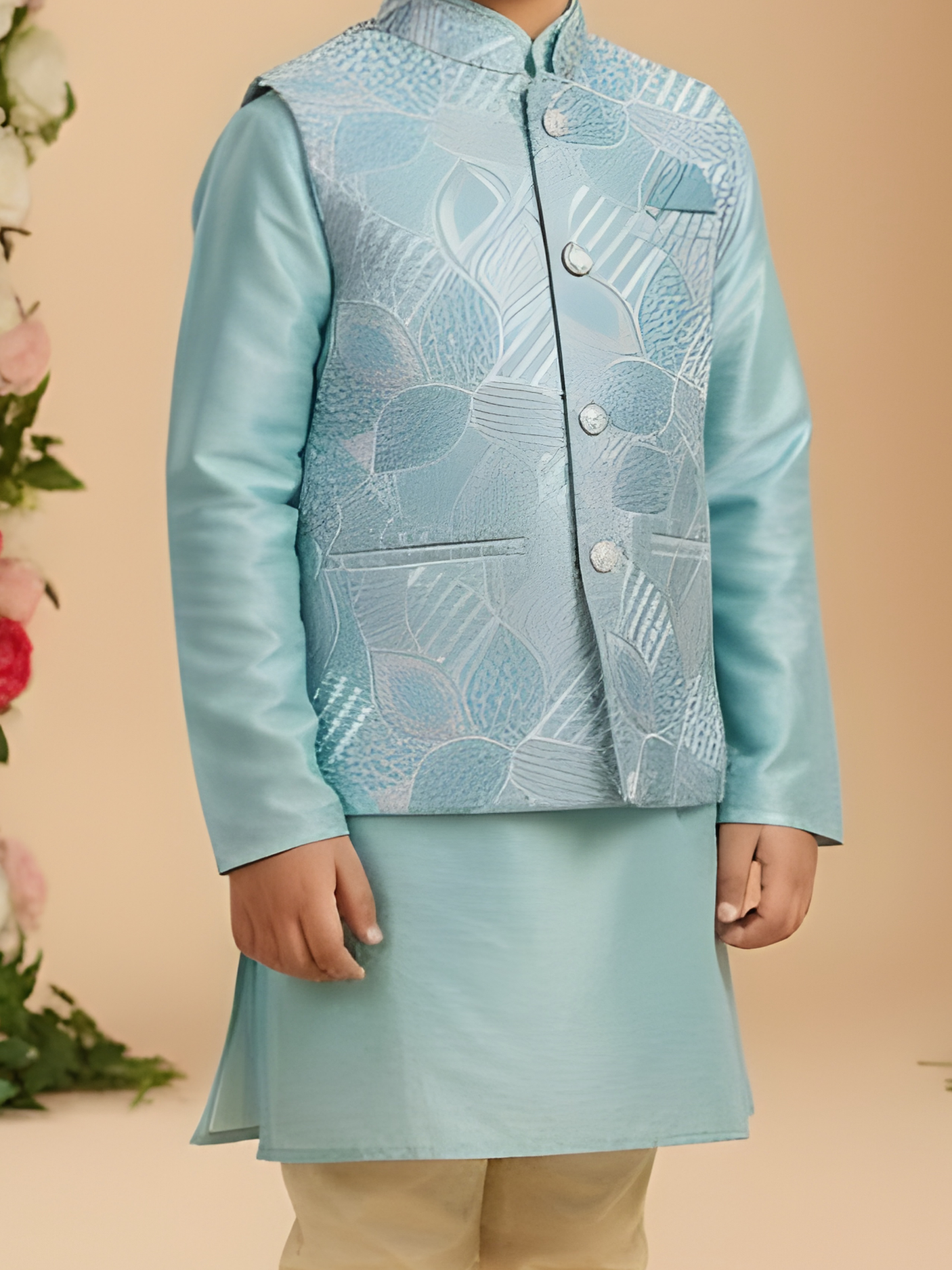 Boys Traditional With Work Chuddidar Kurta with Koti - Sky Blue