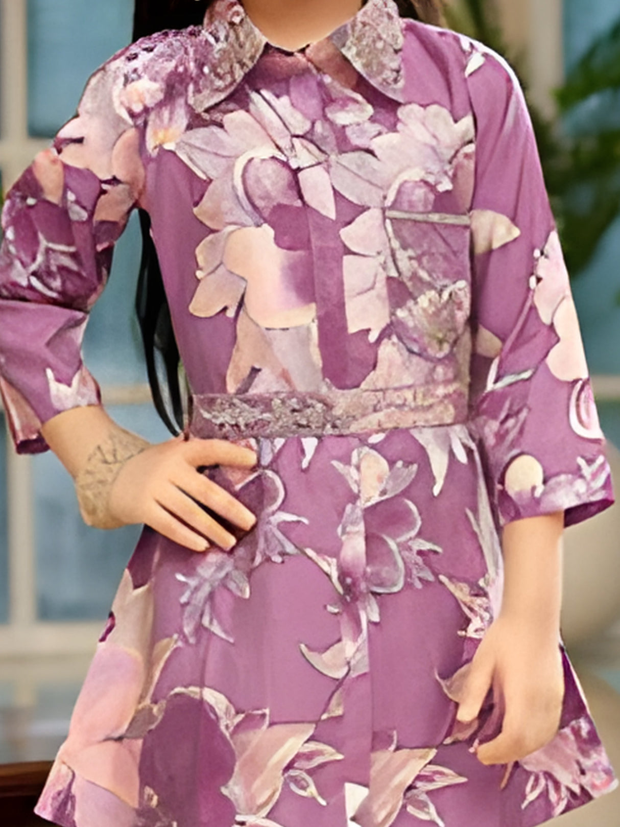 Girls Lavender Floral Print Collared Tunic and Trouser Set