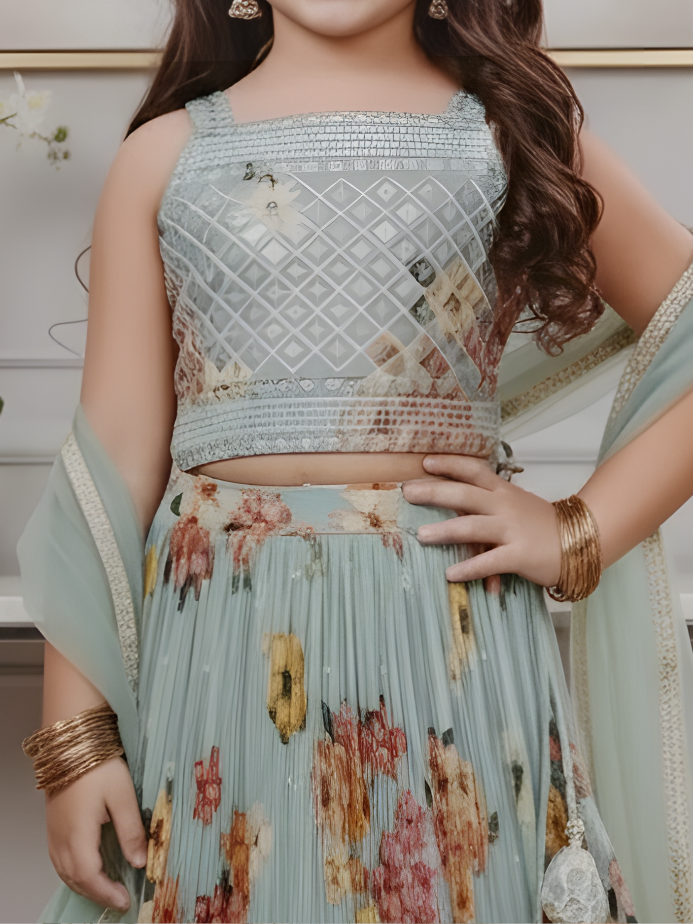 Girls' Sea Green Floral Printed Georgette Choli Lehenga Set