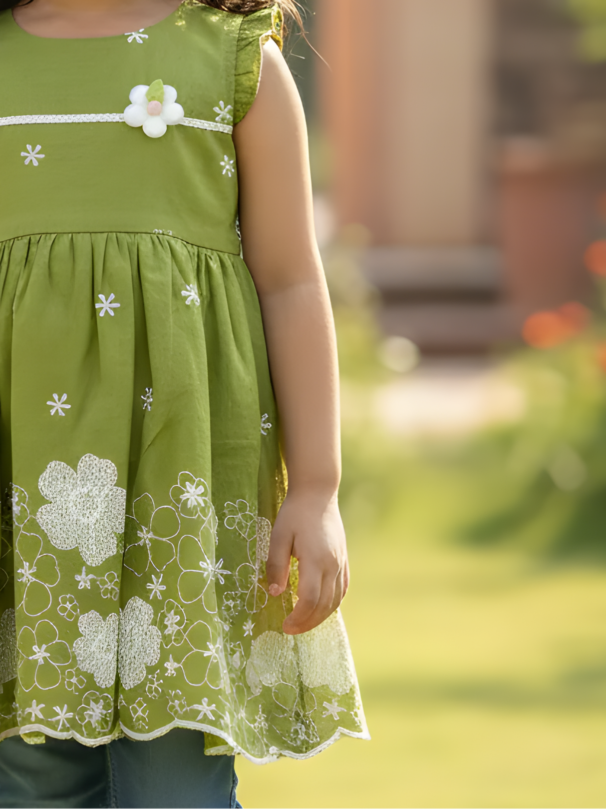 Girls' Casual Light Green Cotton Frock with White Embroidery