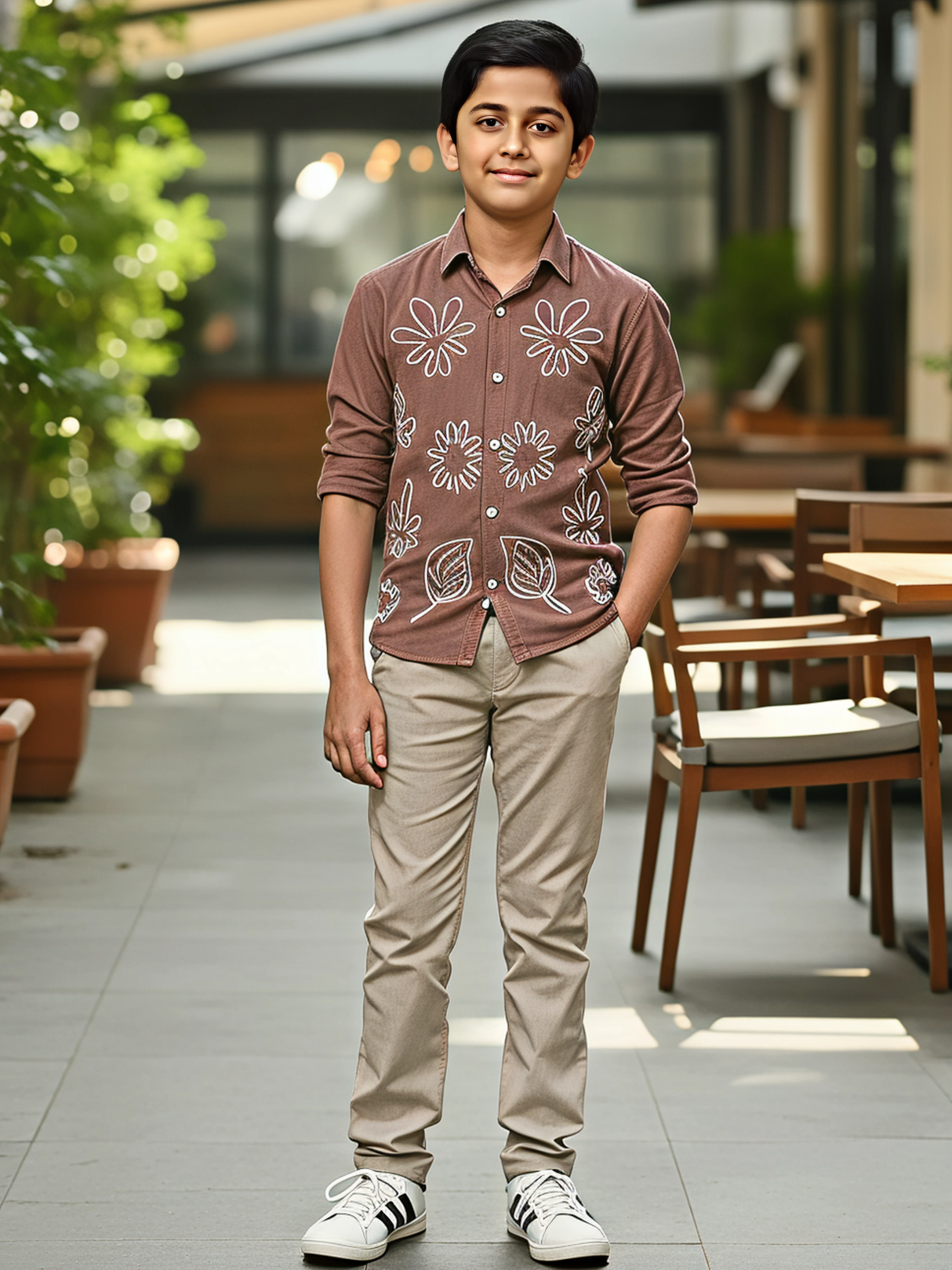 Boys' Brown/Peach Casual Shirt with White Floral Appliqué