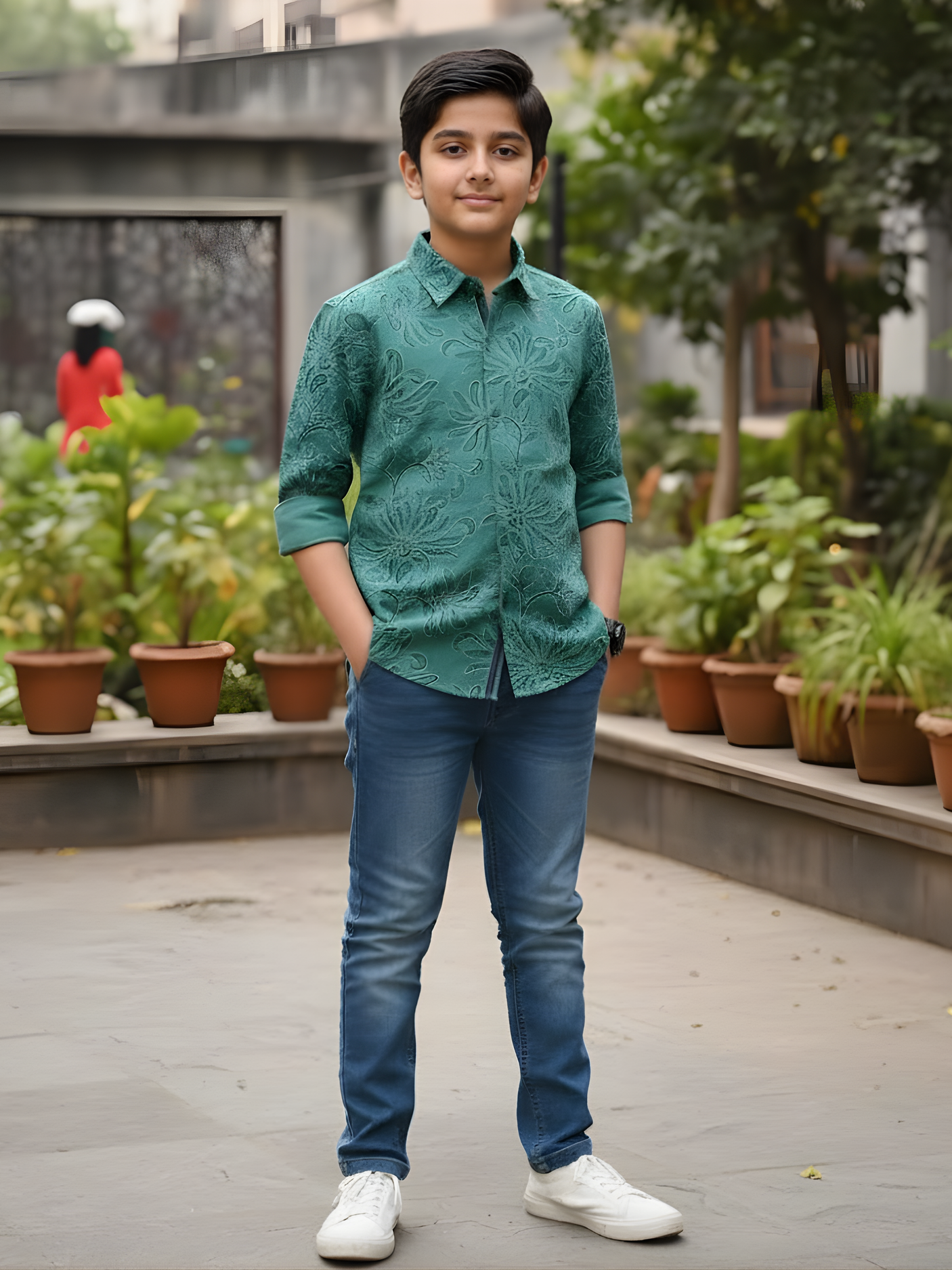 Boys Sea Green Floral Embroidered Party Wear Shirt