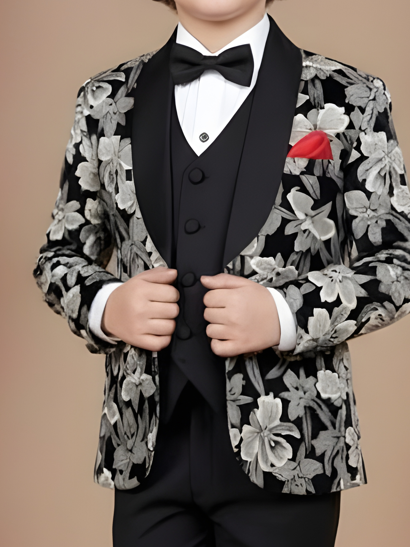 Boys' Black and Cream Floral Print Tuxedo Jacket with Waistcoat and Trousers Set
