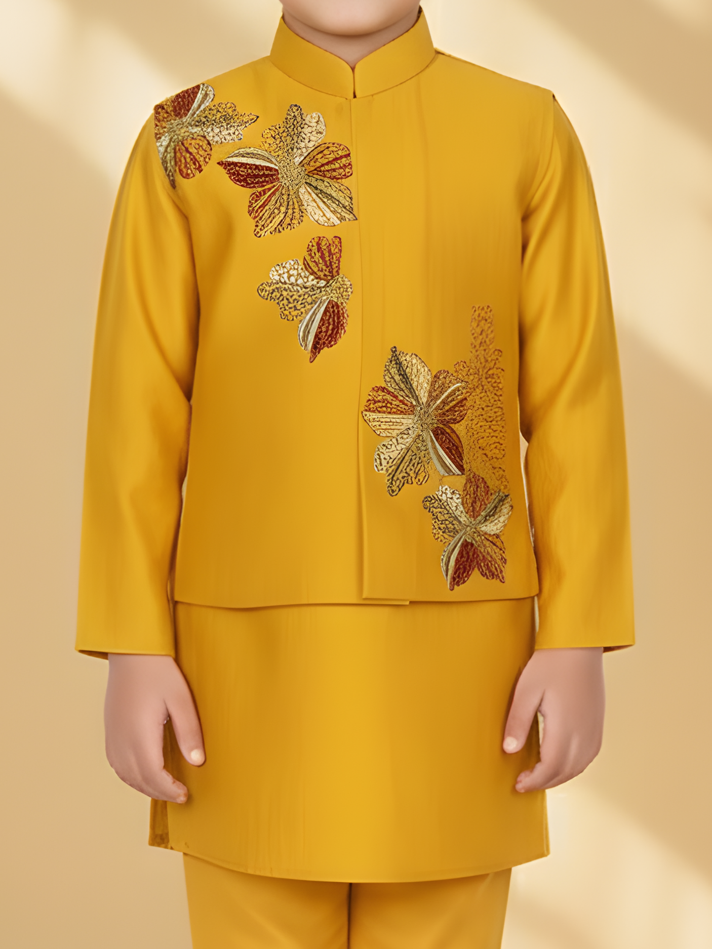 Boys' Gold/Mustard Yellow Kurta Pajama with Floral Embroidered Short Jacket