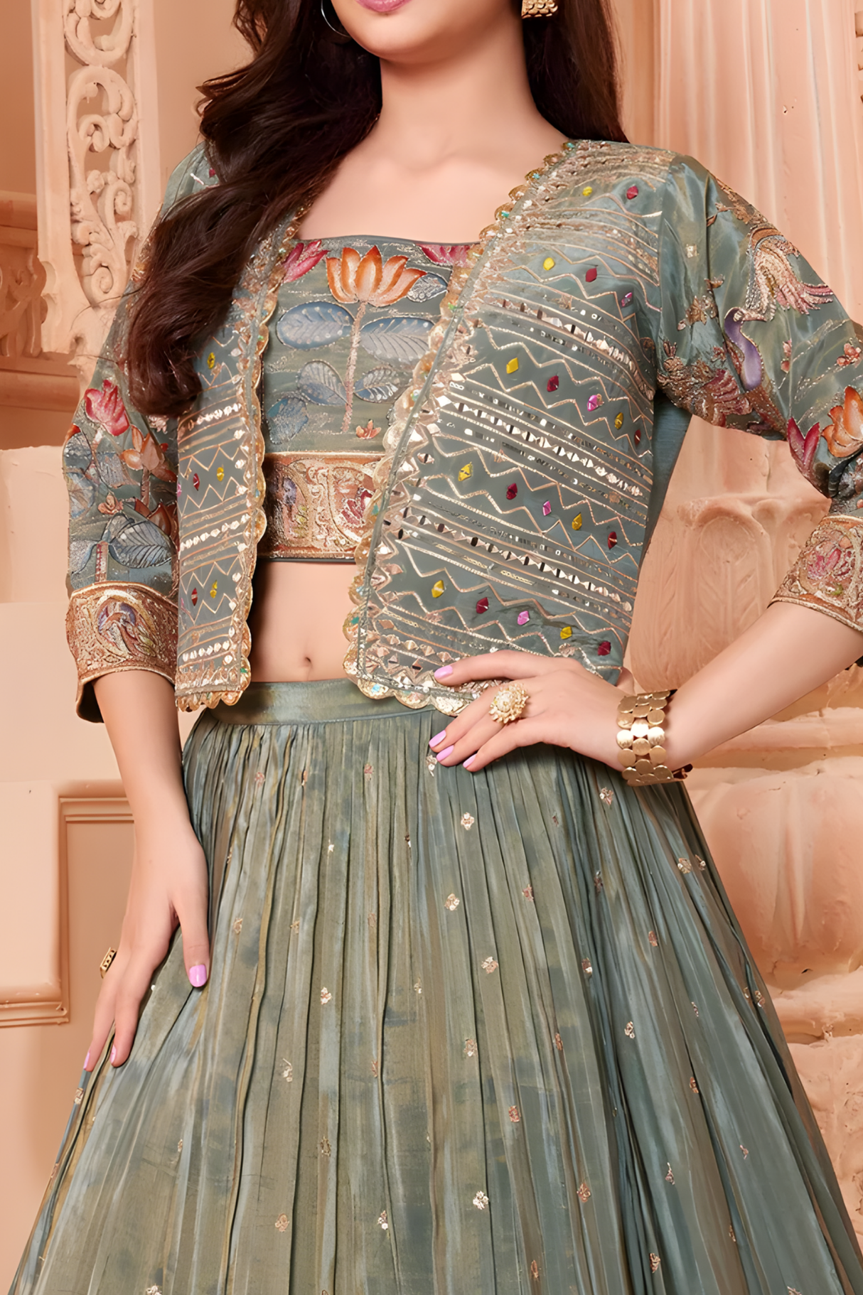 Girls' Sage Green Embroidered Jacket, Crop Top, and Lehenga Set