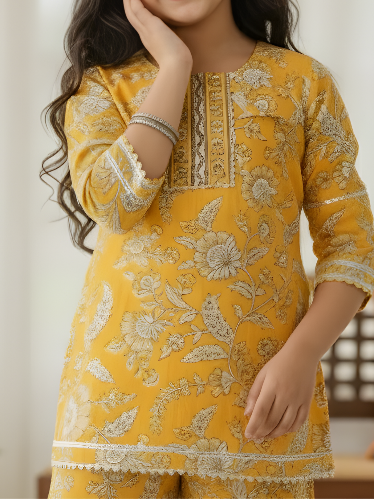 Girls Mustard Yellow Floral Printed Kurti and Palazzo Set