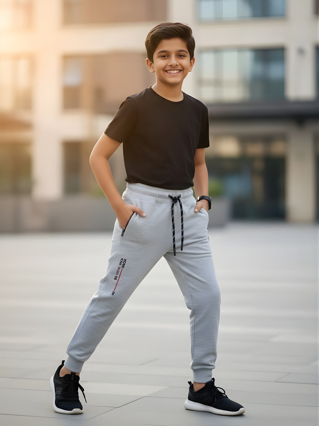 Boys Light Grey Melange Joggers with Contrast Drawstring