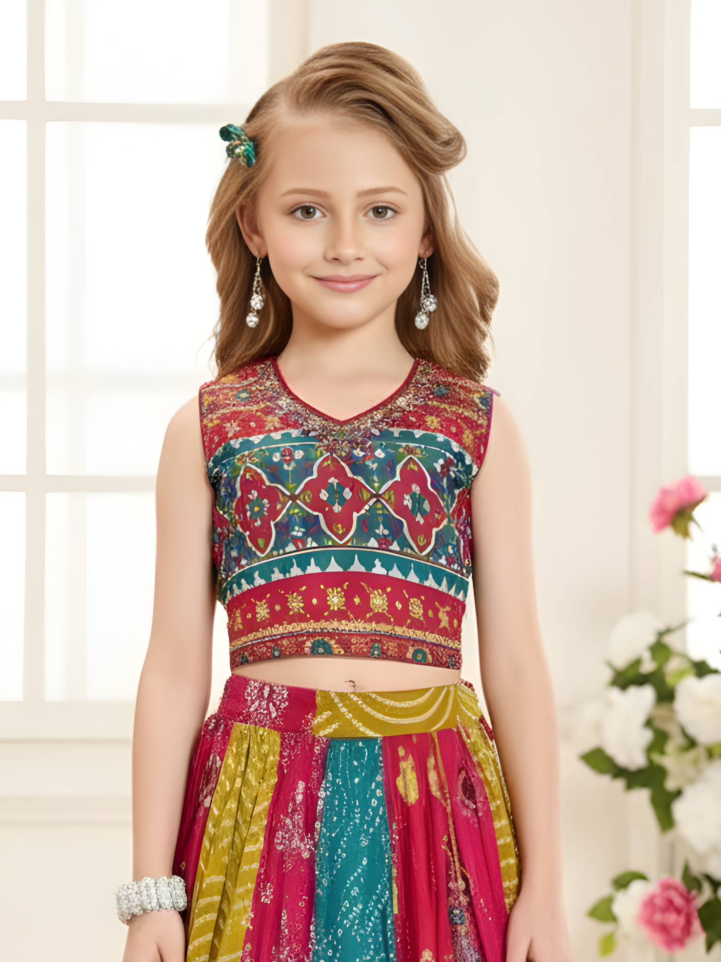 Vibrant Multi-Color Bandhani Style Print Kids Lehenga Choli Set