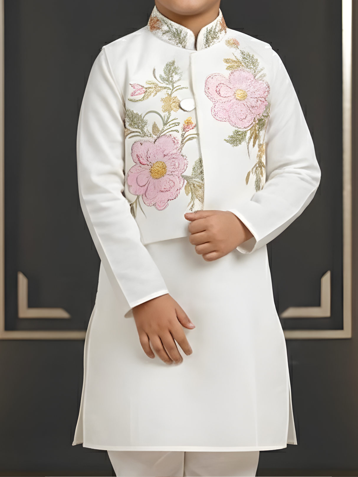 Boys Pristine White Kurta Pajama Set with Floral Embroidered Nehru Jacket