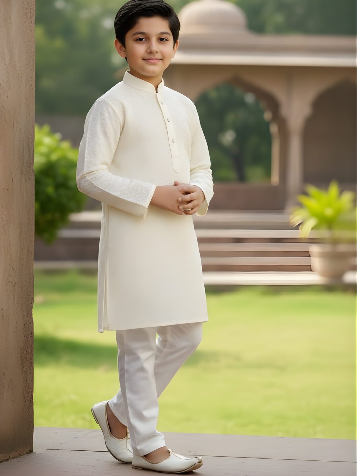 Boys Cream Lucknowi Embroidered Kurta Set