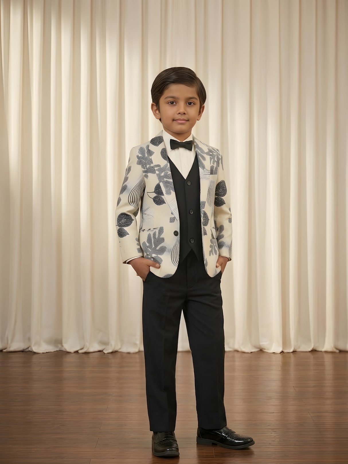 Boys' Cream & Black Botanical Print 3-Piece Suit Set.