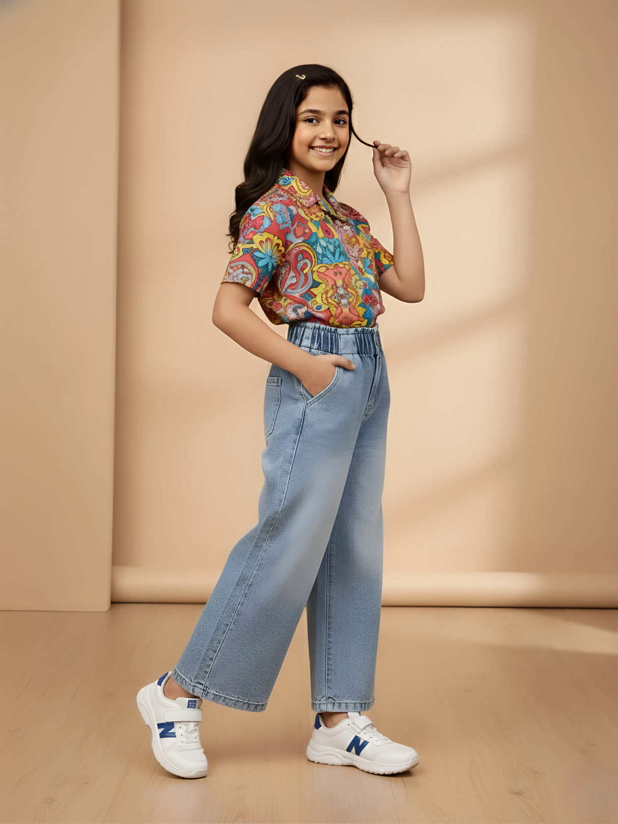Girls Light Blue High-Waisted Wide Leg Denim Jeans.