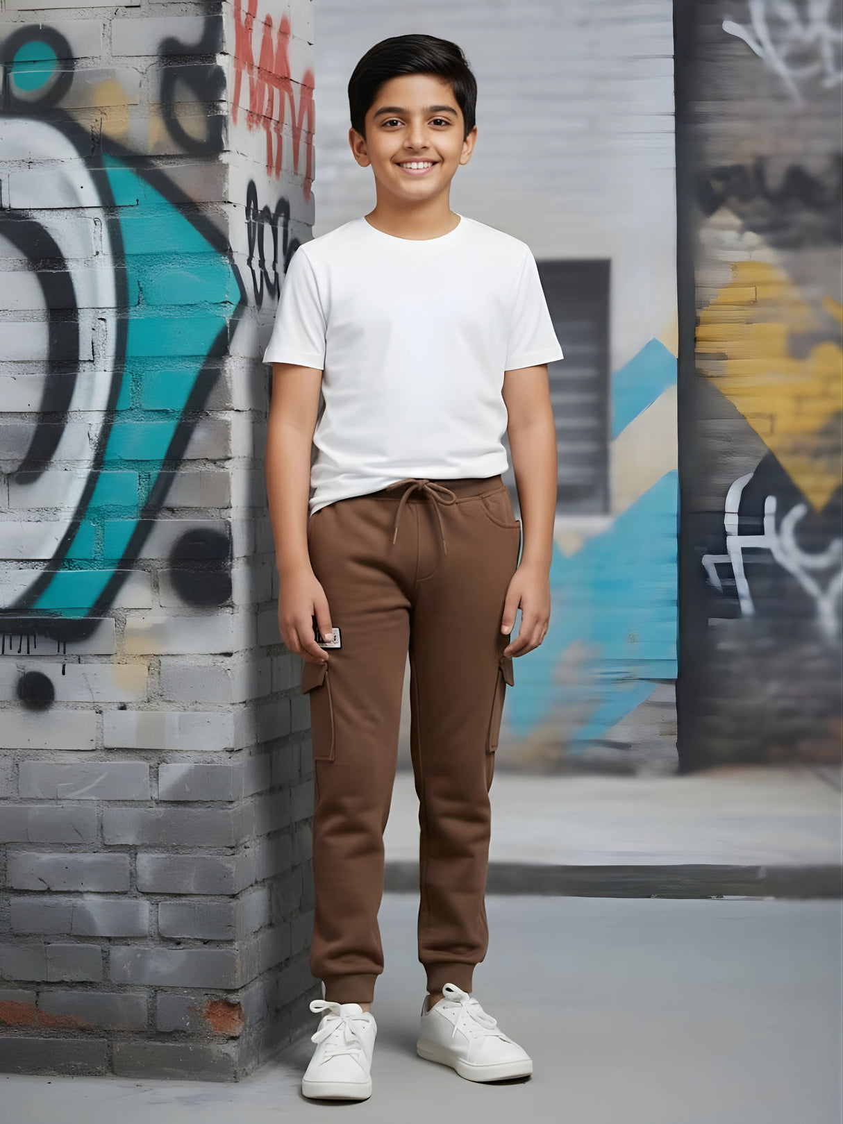 Boys' Stylish Brown Cargo Joggers with Elasticated Drawstring Waist