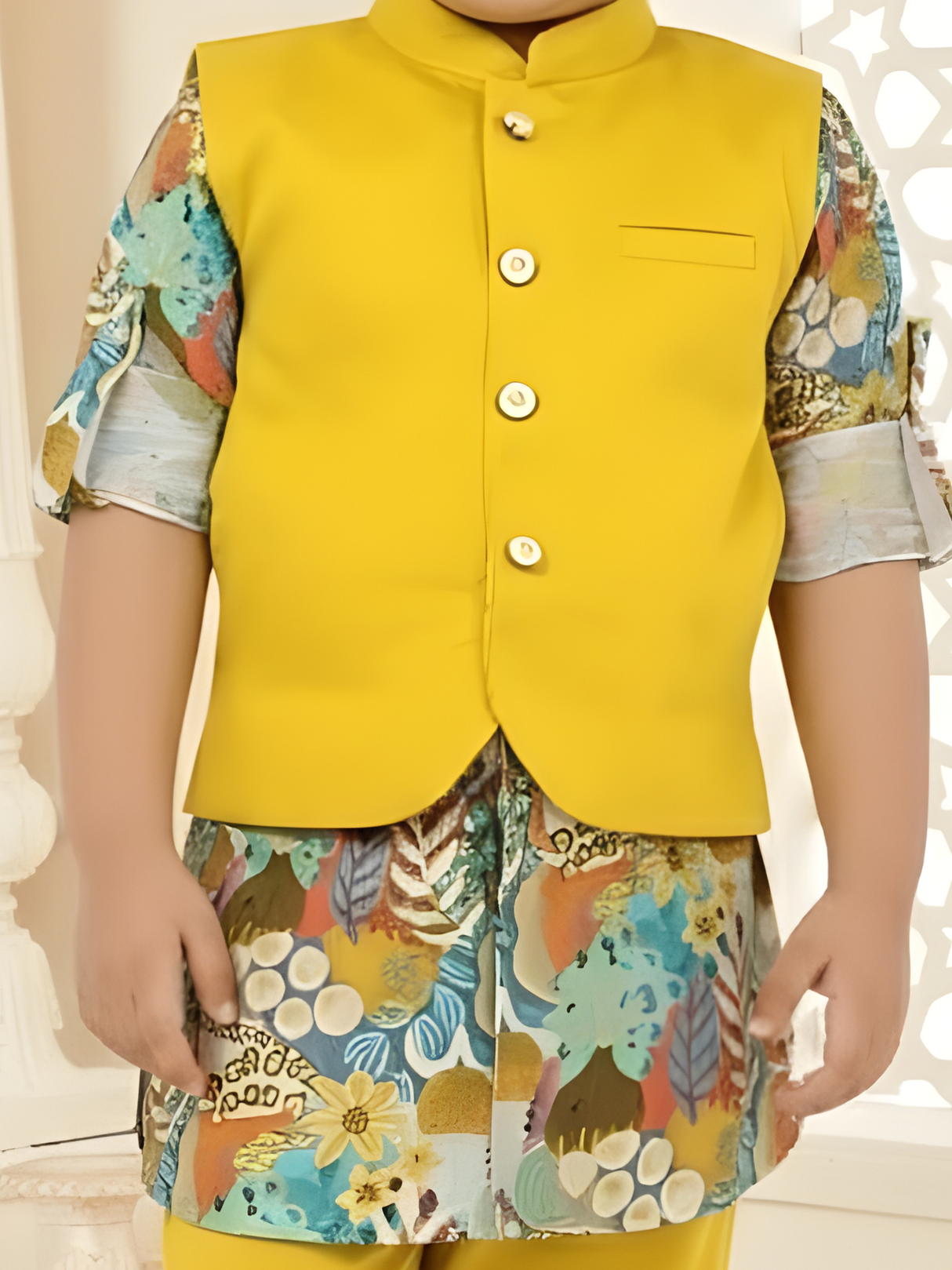 Boys' Yellow Kurta Set with Aqua-Green Printed