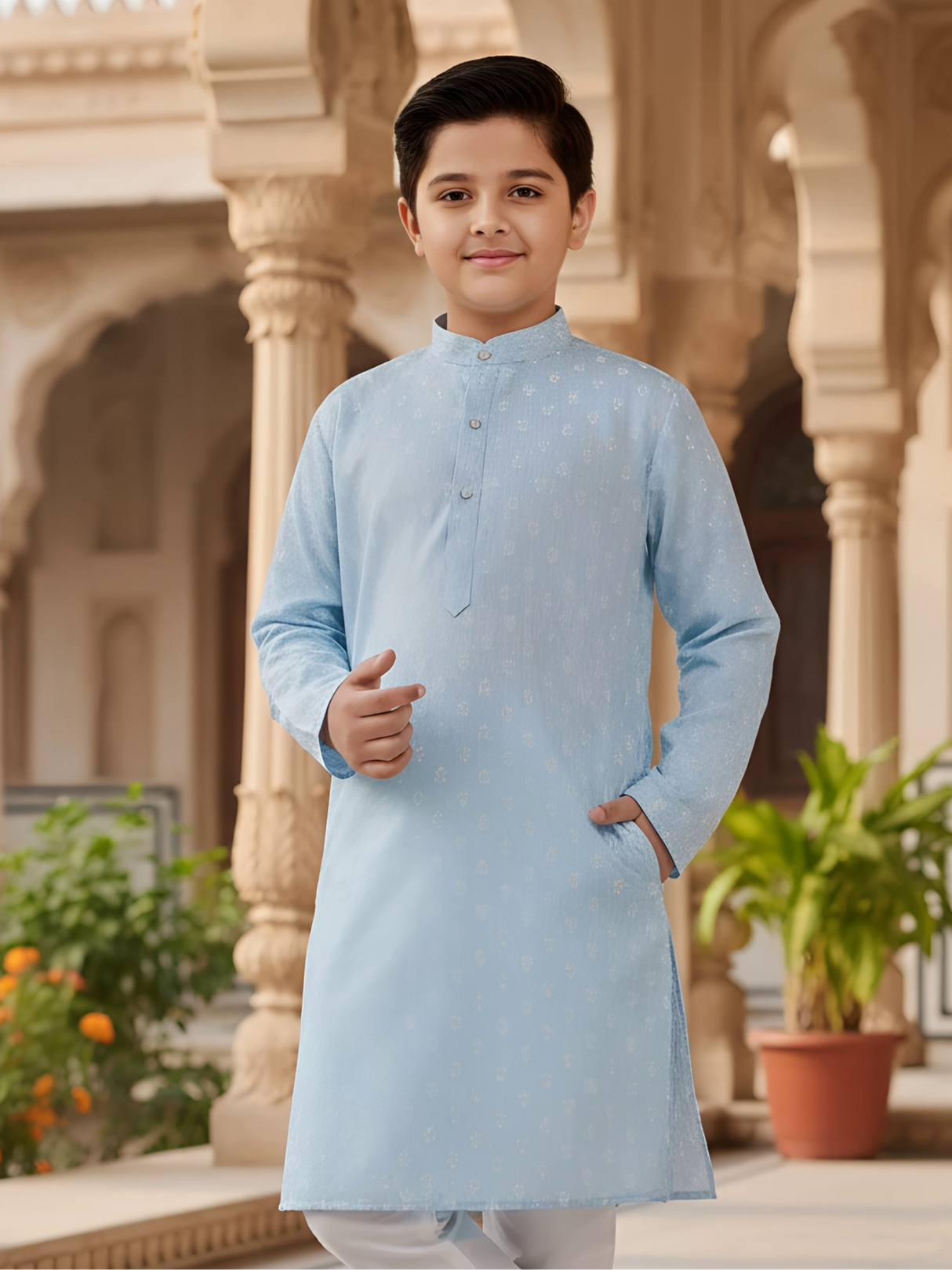Boys Light Blue Printed Kurta with White Pajama Set
