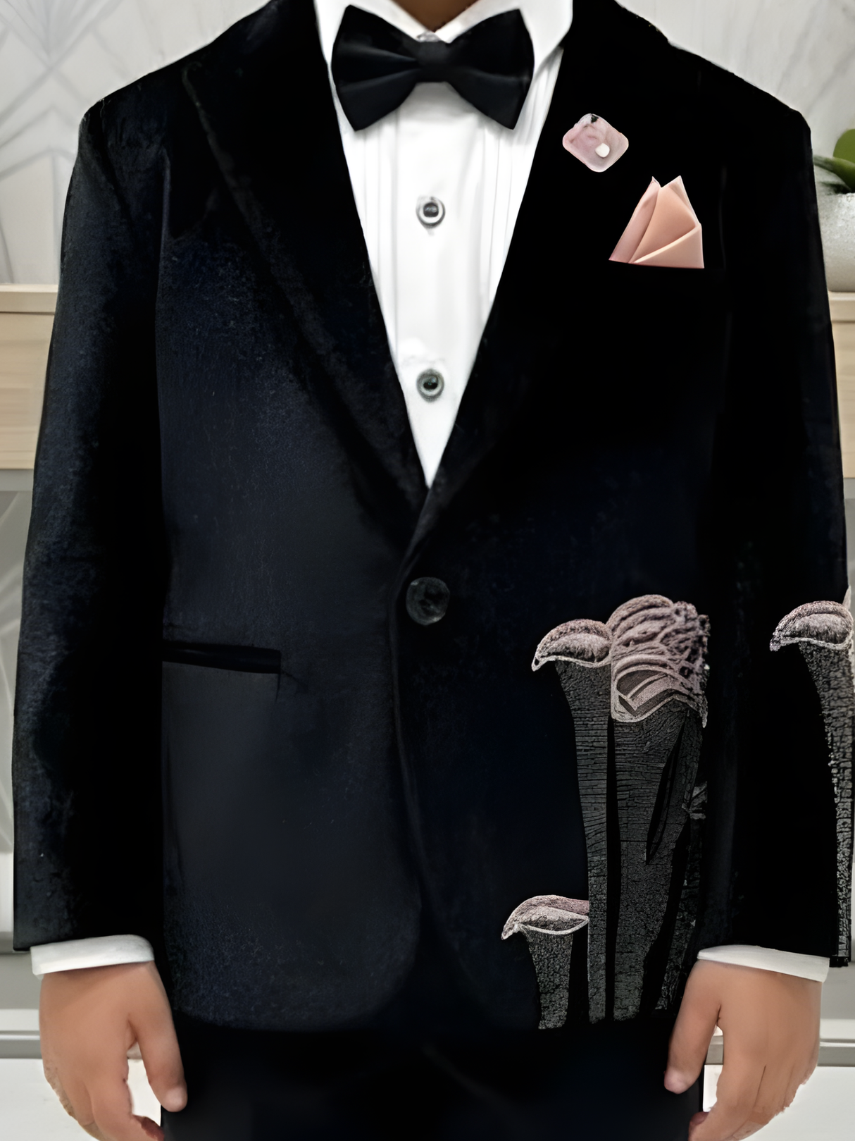 Boys' Midnight Black Velvet Blazer Suit with Pink Floral Embroidery