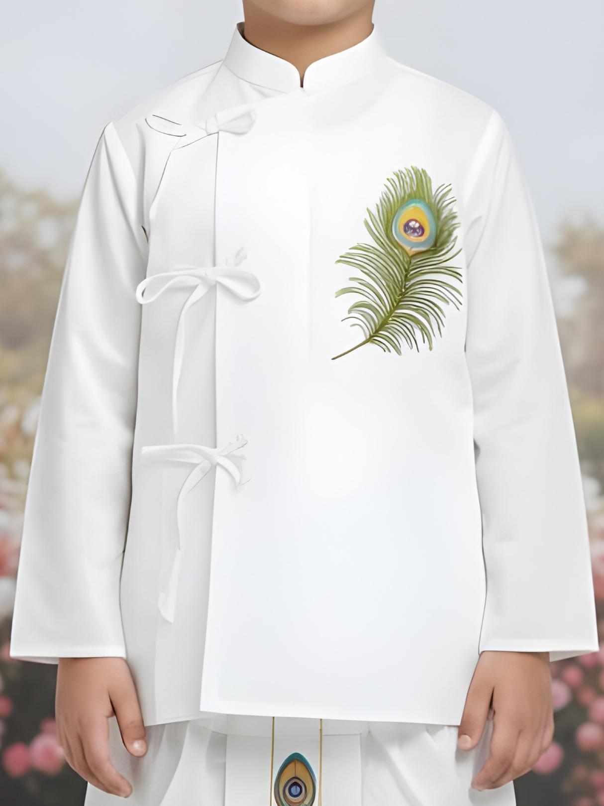 Boys' Crisp White Angrakha Kurta and Dhoti Set with Peacock Feather Embroidery