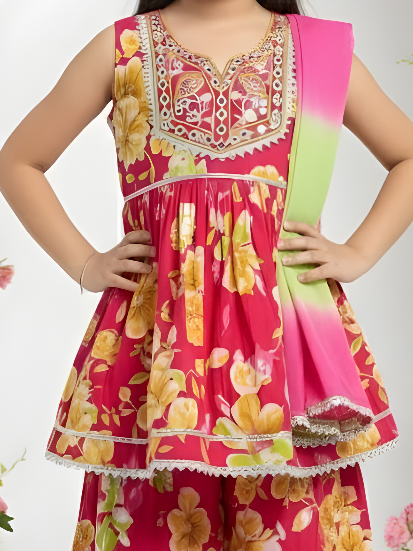 Girls' Coral Sleeveless Peplum Kurti and Printed Sharara Set with Ombre Dupatta
