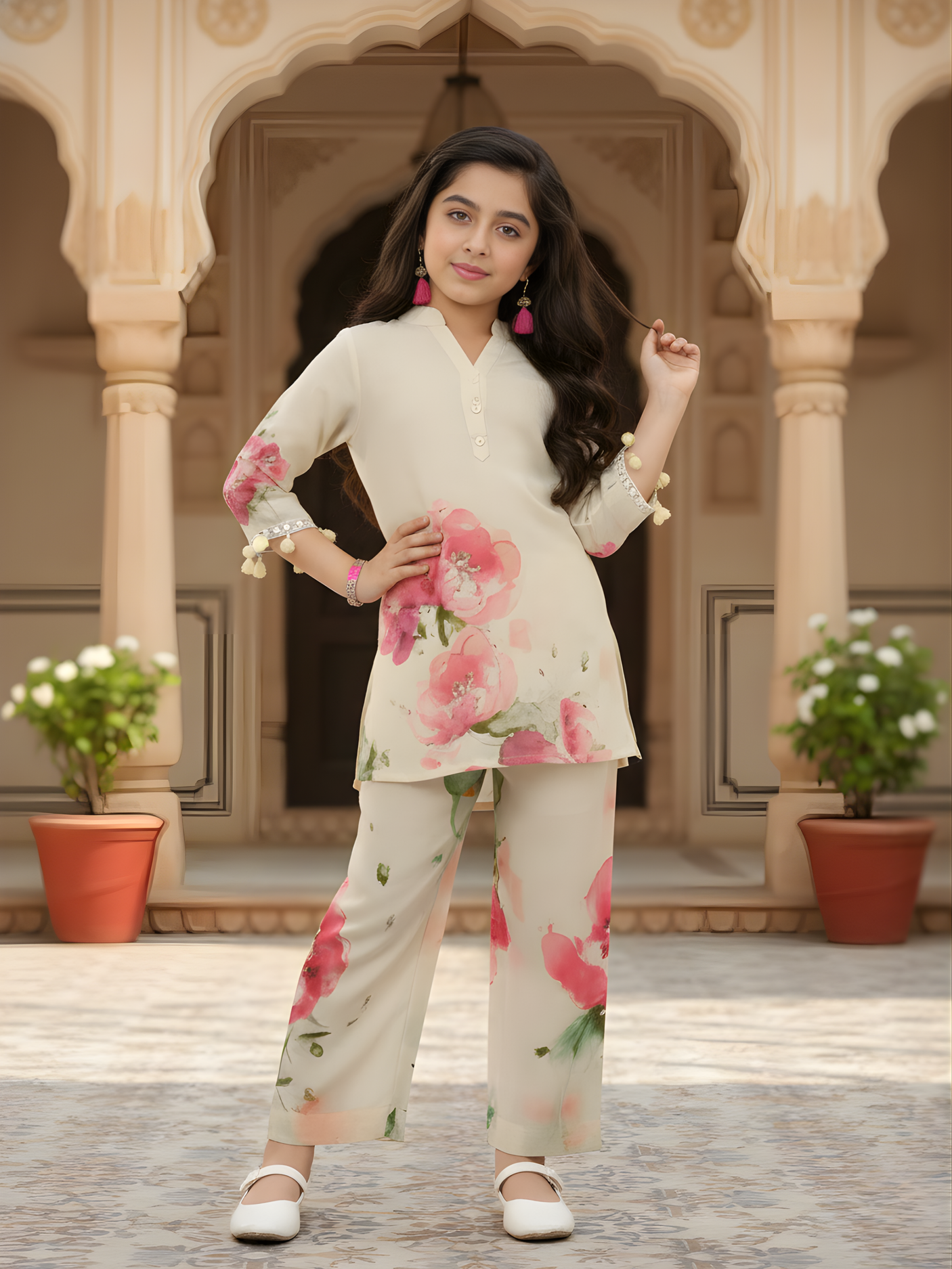 Girls Traditional 3/4th Sleeves Two Pcs Set - Pink