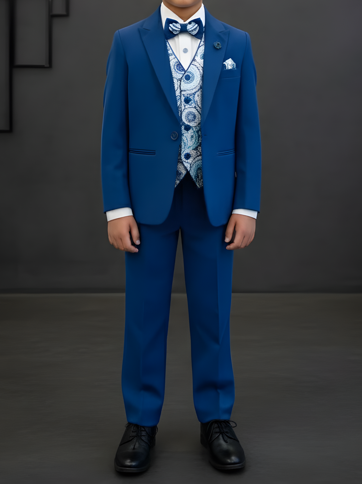 Boys' Royal Blue Formal 5-Piece Suit Set with Paisley Waistcoat