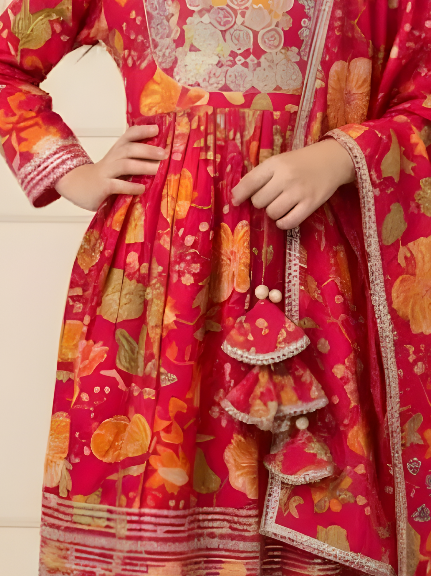 Girls' Rani Pink Floral Anarkali Suit Set with Embroidered Neckline