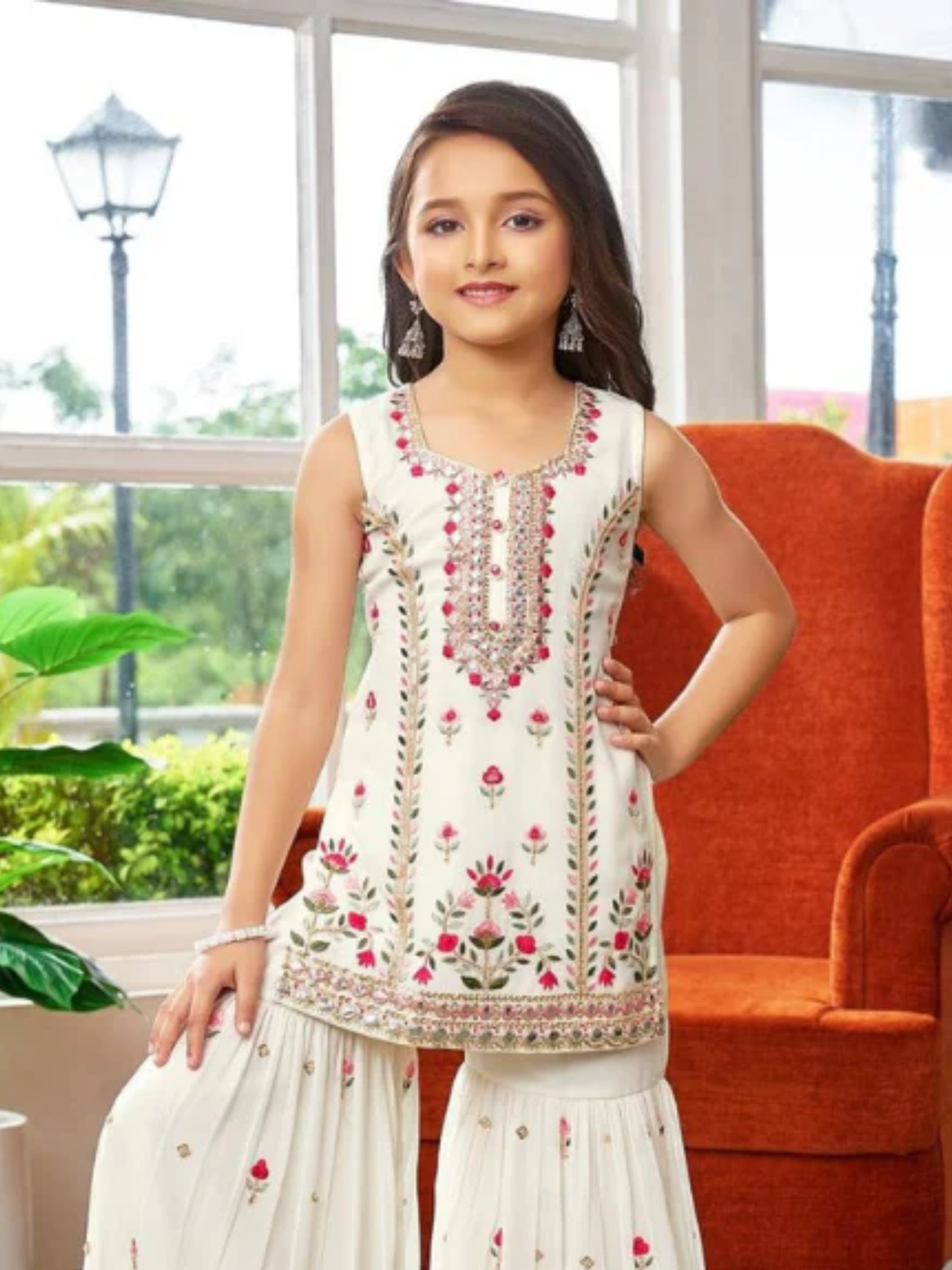 Girls Traditional Sleeves Less Ghagara Set - Cream
