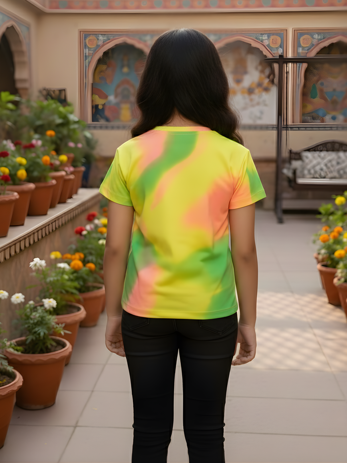 Girls' Yellow Multi-Color Tie-Dye "Joyful" Graphic T-Shirt