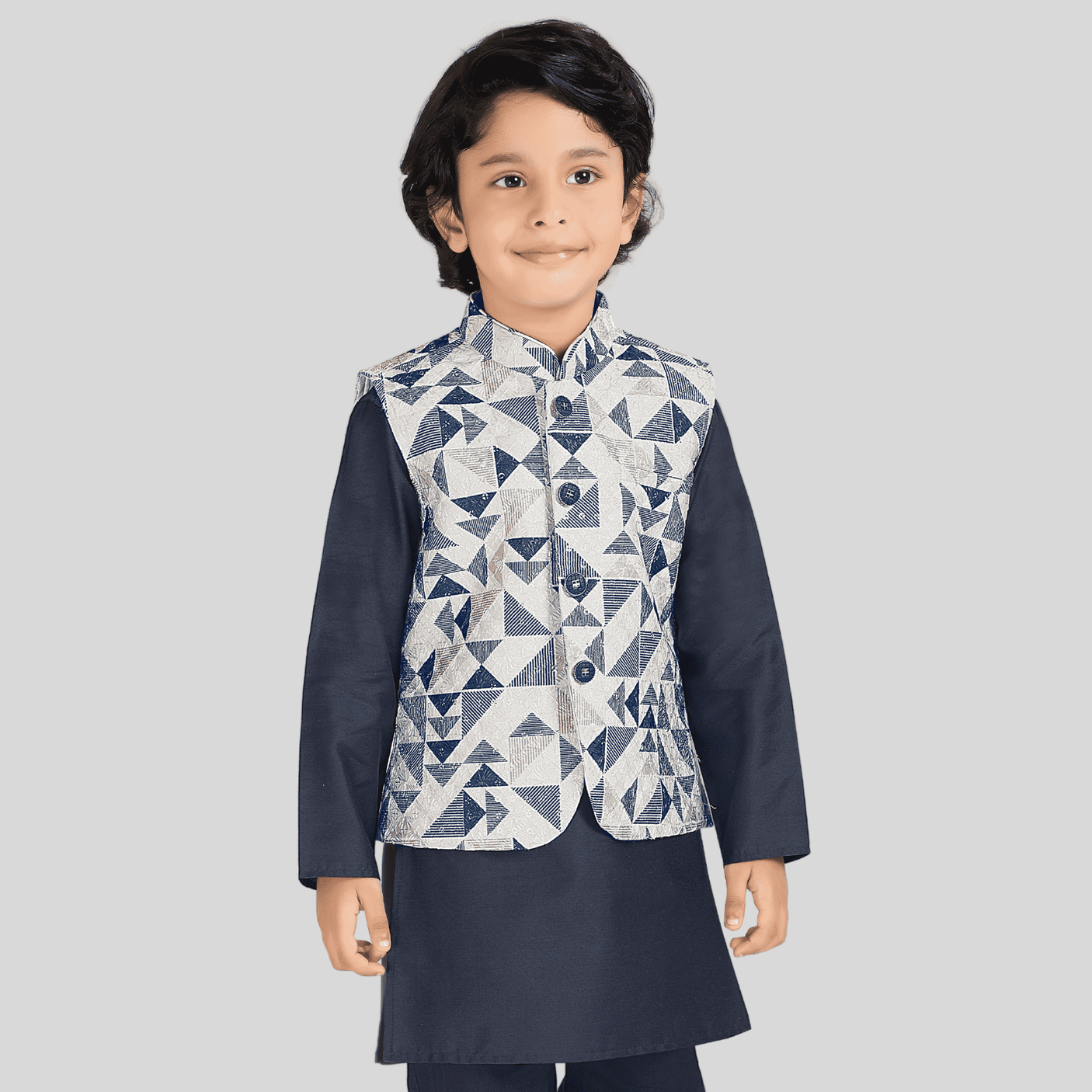 Boys Traditional Printed Chudidar Kurta with Koti - Navy Blue
