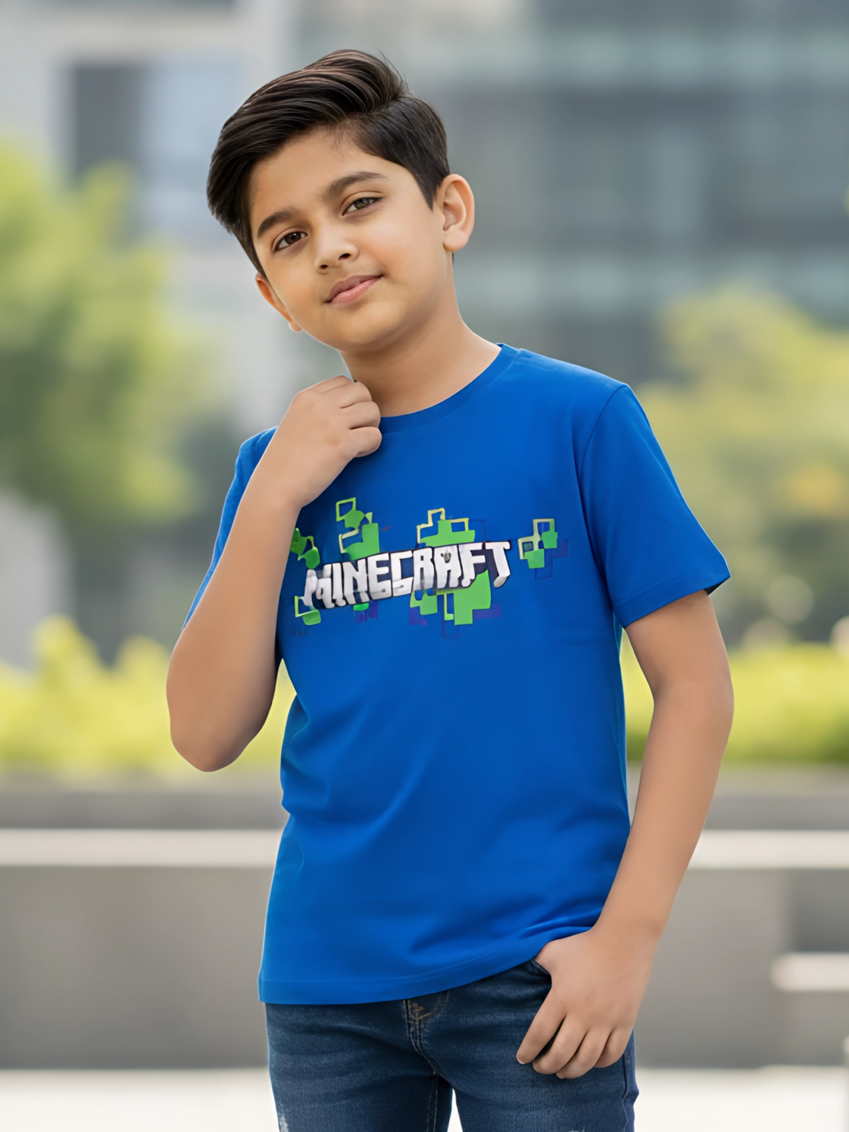 Minecraft Pixelated Logo Kids' Royal Blue T-Shirt.