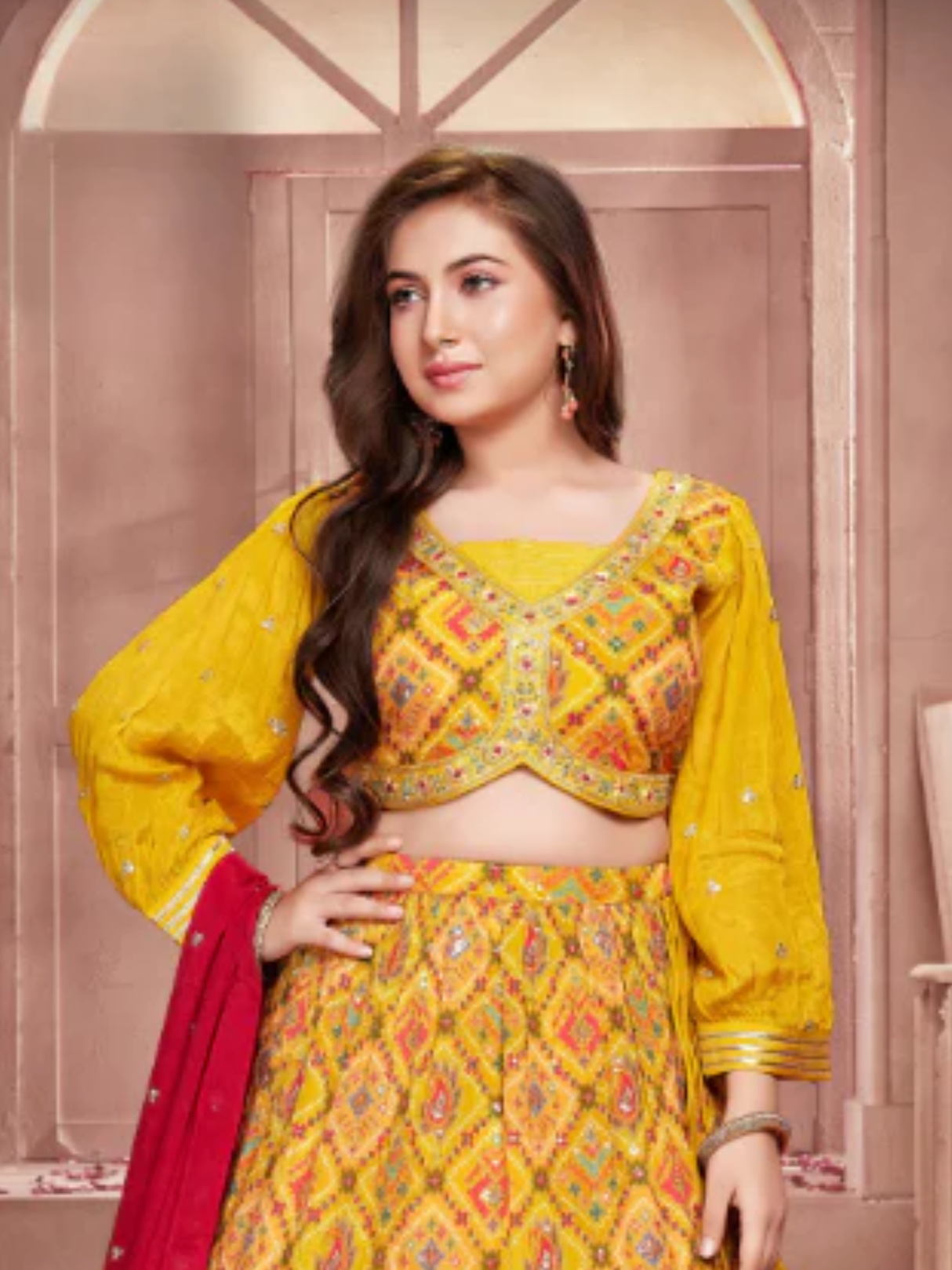 Girls Mustard Yellow Patola Print Lehenga Choli Set