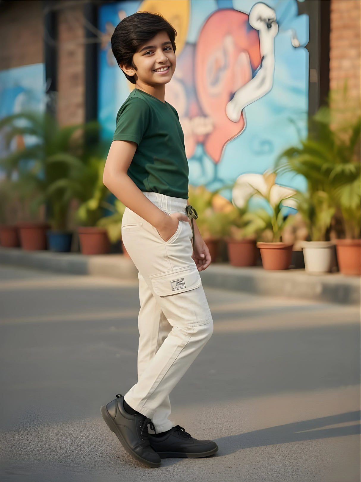 Boys' Cream Casual Cargo Chino Pants with Contrast Drawstring