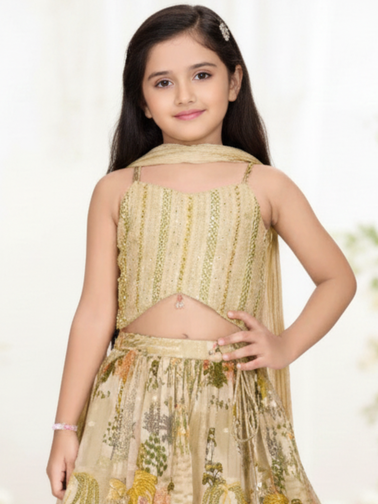 Girls' Fawn & Gold Embroidered Lehenga Choli with Khidki-Print Skirt.