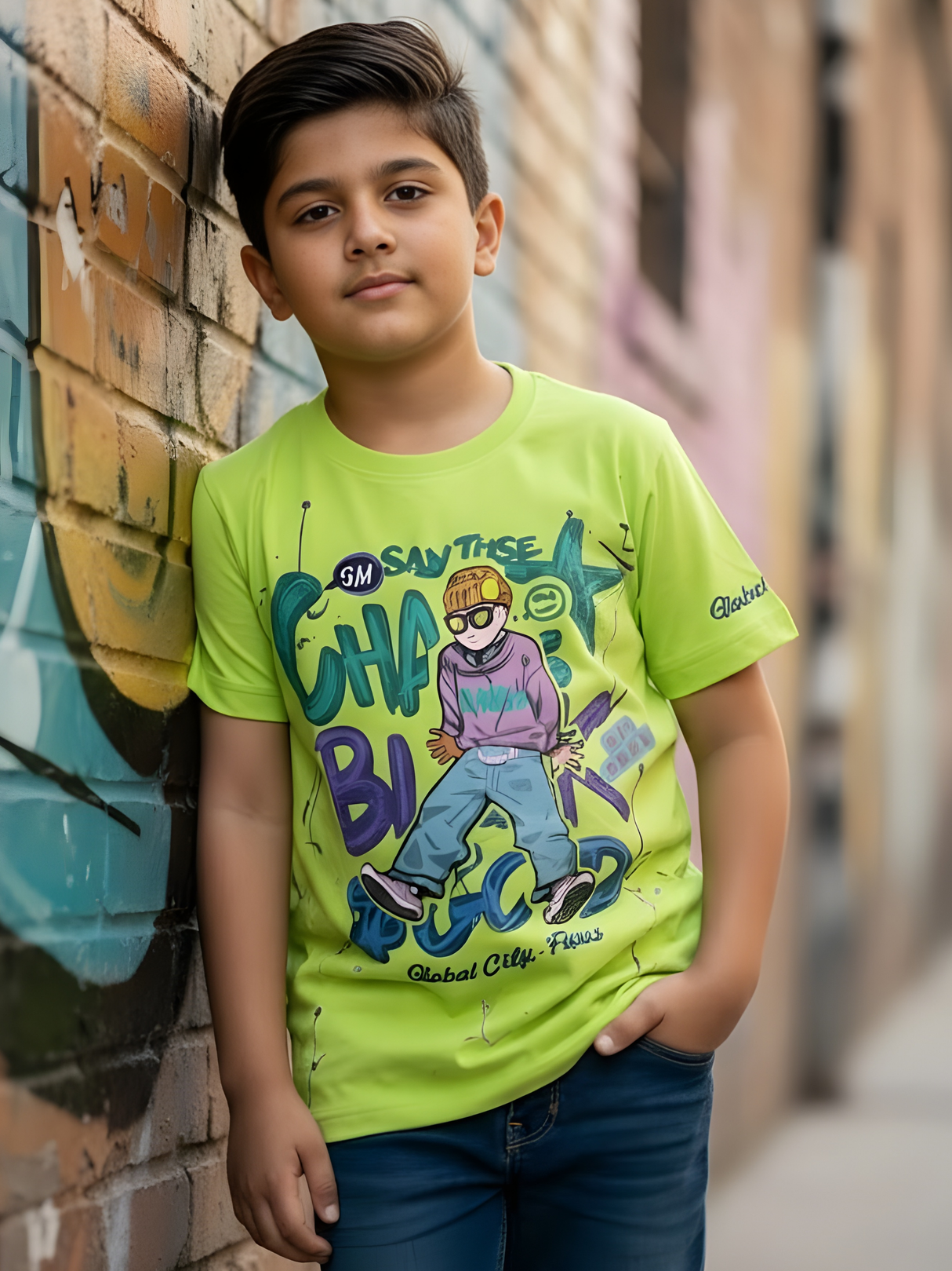 Boys' Neon Green Street Art Graphic Tee with Skater Print