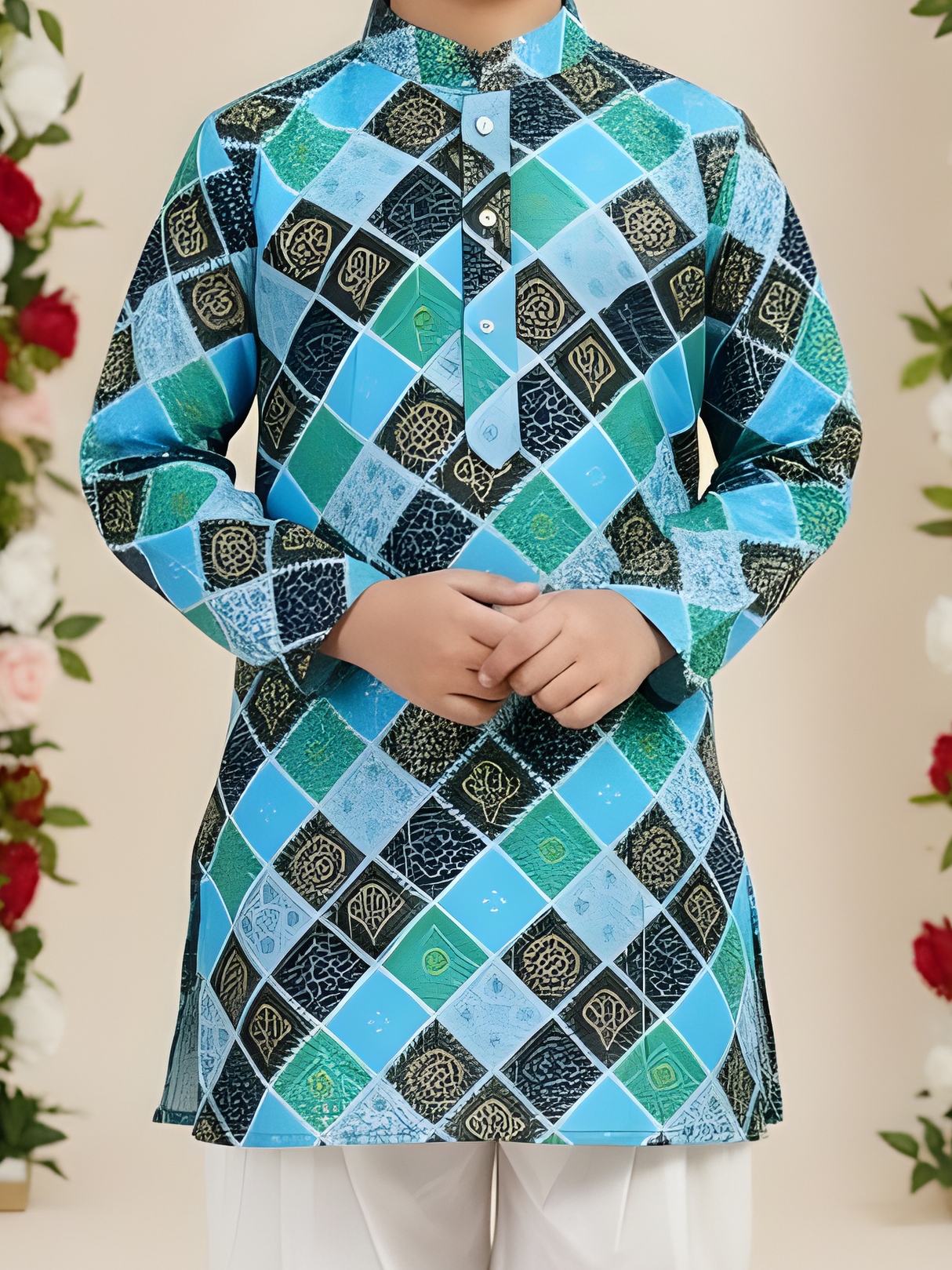 Boys' Blue & Black Geometric Print Kurta with Pyjama Set.