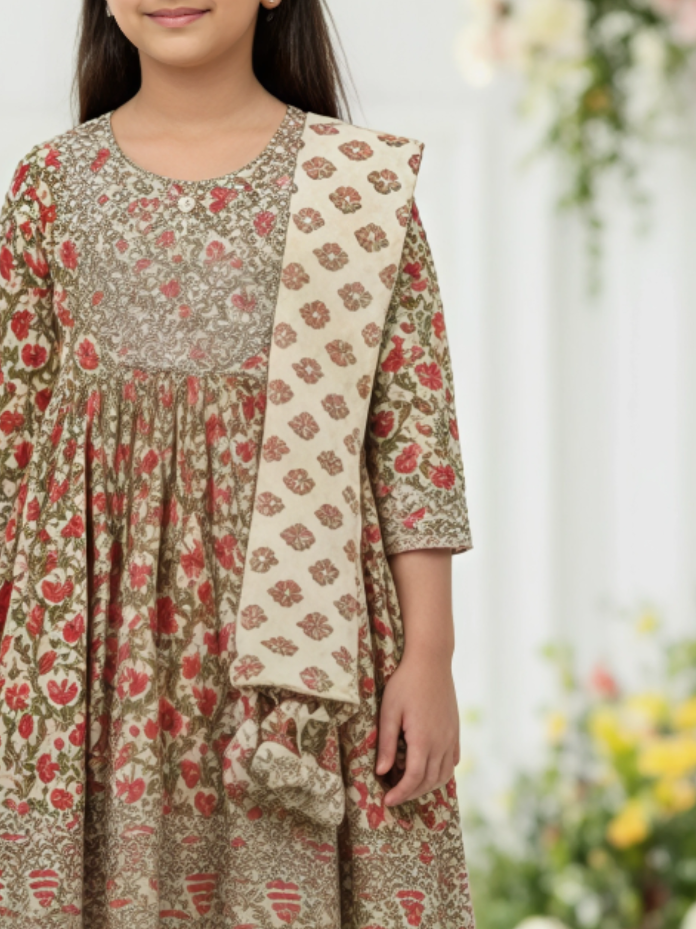 Girls' Elegant Cream Block Print Kurti, Sharara, and Dupatta Set with Heavy Embroidery