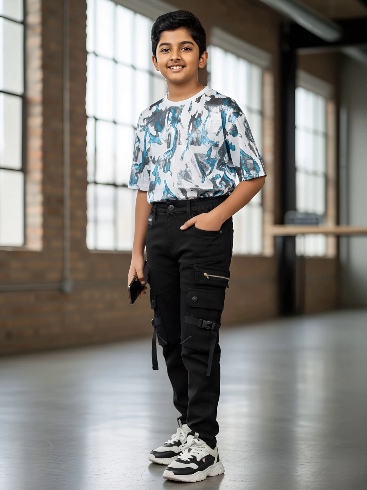 Boys' Slim-Fit Black Tactical Cargo Pants