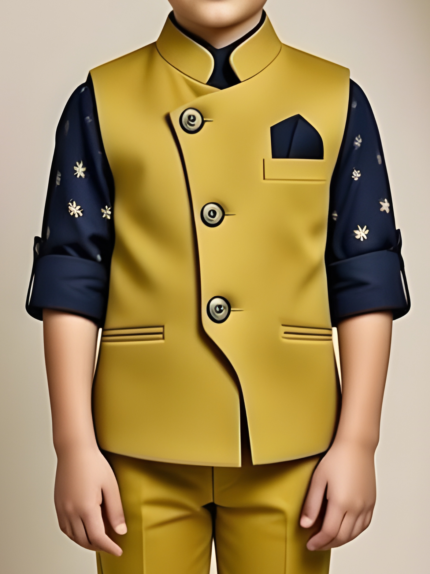 Boys' Yellow Kurta Pajama Set with Multi-Color Floral Printed Nehru Jacket