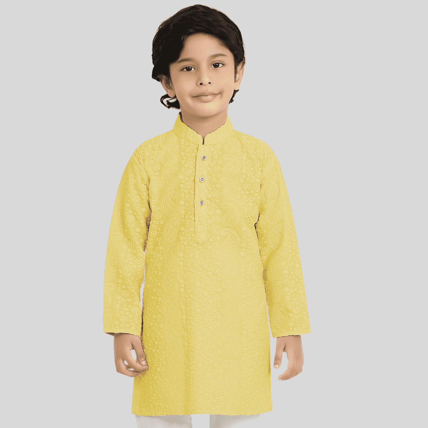 Boys Traditional Self Design Chudidar Kurta Set - Yellow
