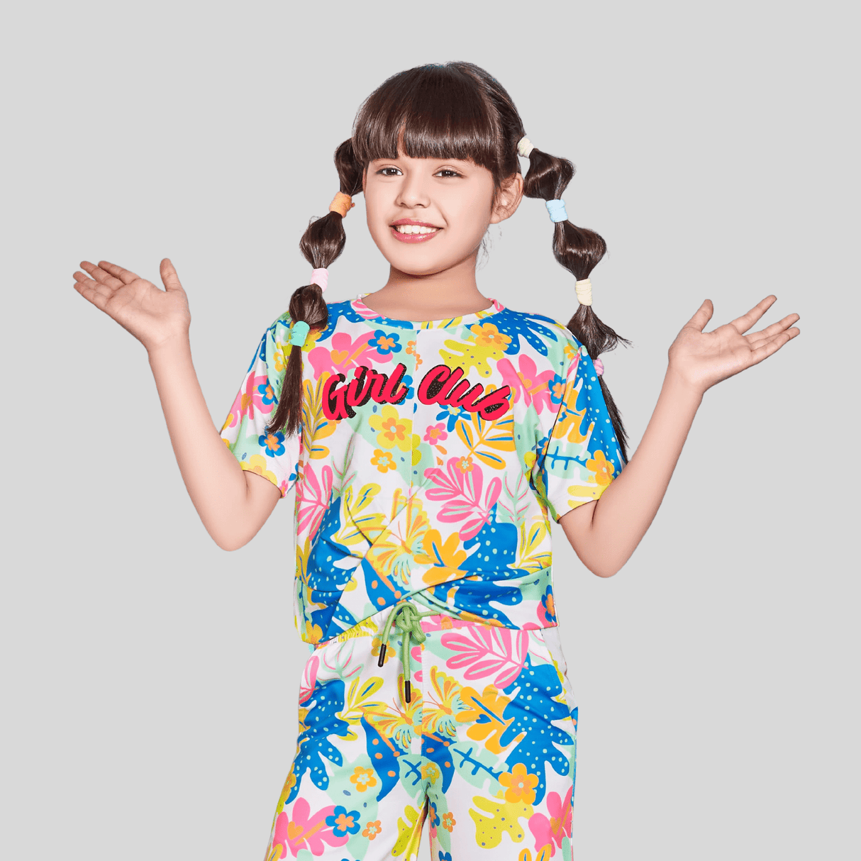 Girls Casual Printed Half Sleeves Track Pant Set - Orange