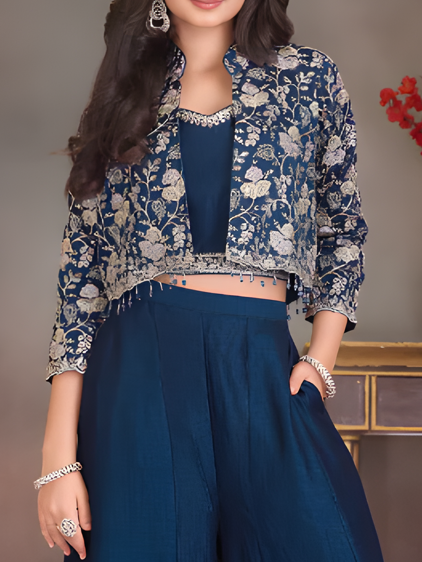 Girls' Light Blue Floral Peplum Kurta and Palazzo Two-Piece Set