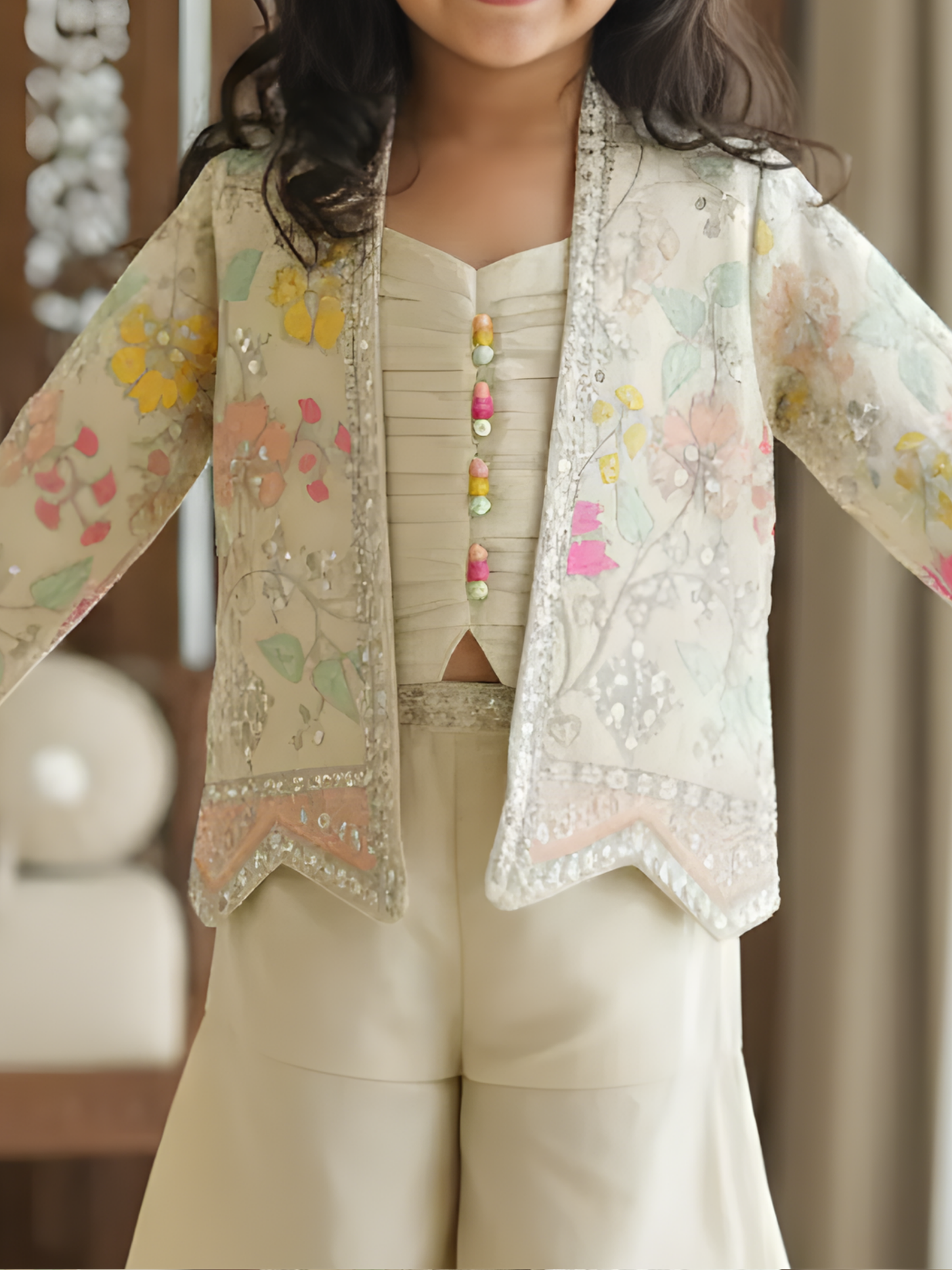 Girls Cream Floral Embroidered Jacket and Palazzo Set