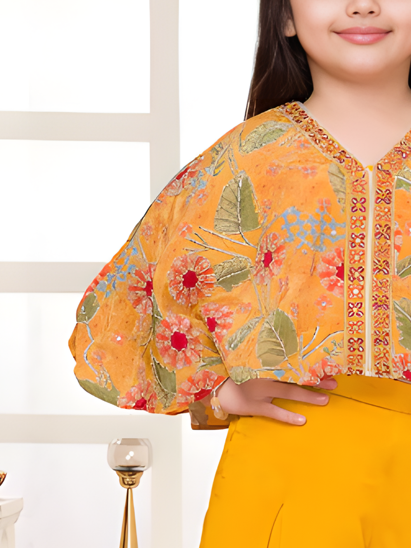 Girls' Bright Orange Leheriya Kurta and Sharara Set with Gota Work