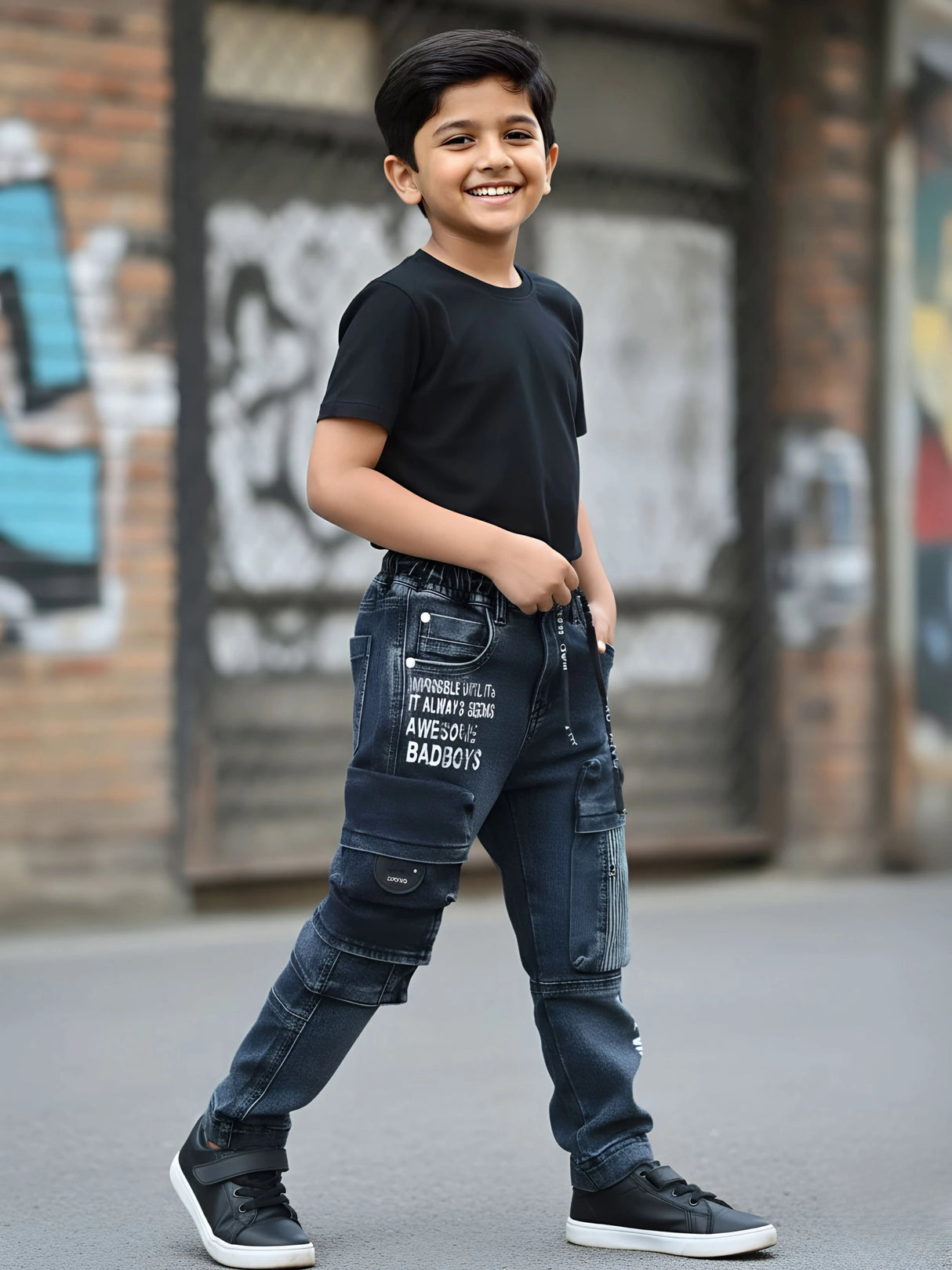Boys Grey Graphic Print Multi-Pocket Cargo Jeans