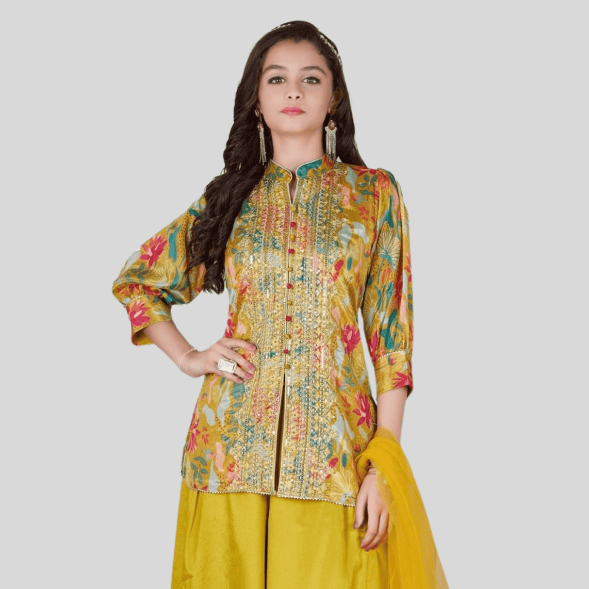 Girls Traditional 3/4th Sleeves Plazo Set - Yellow