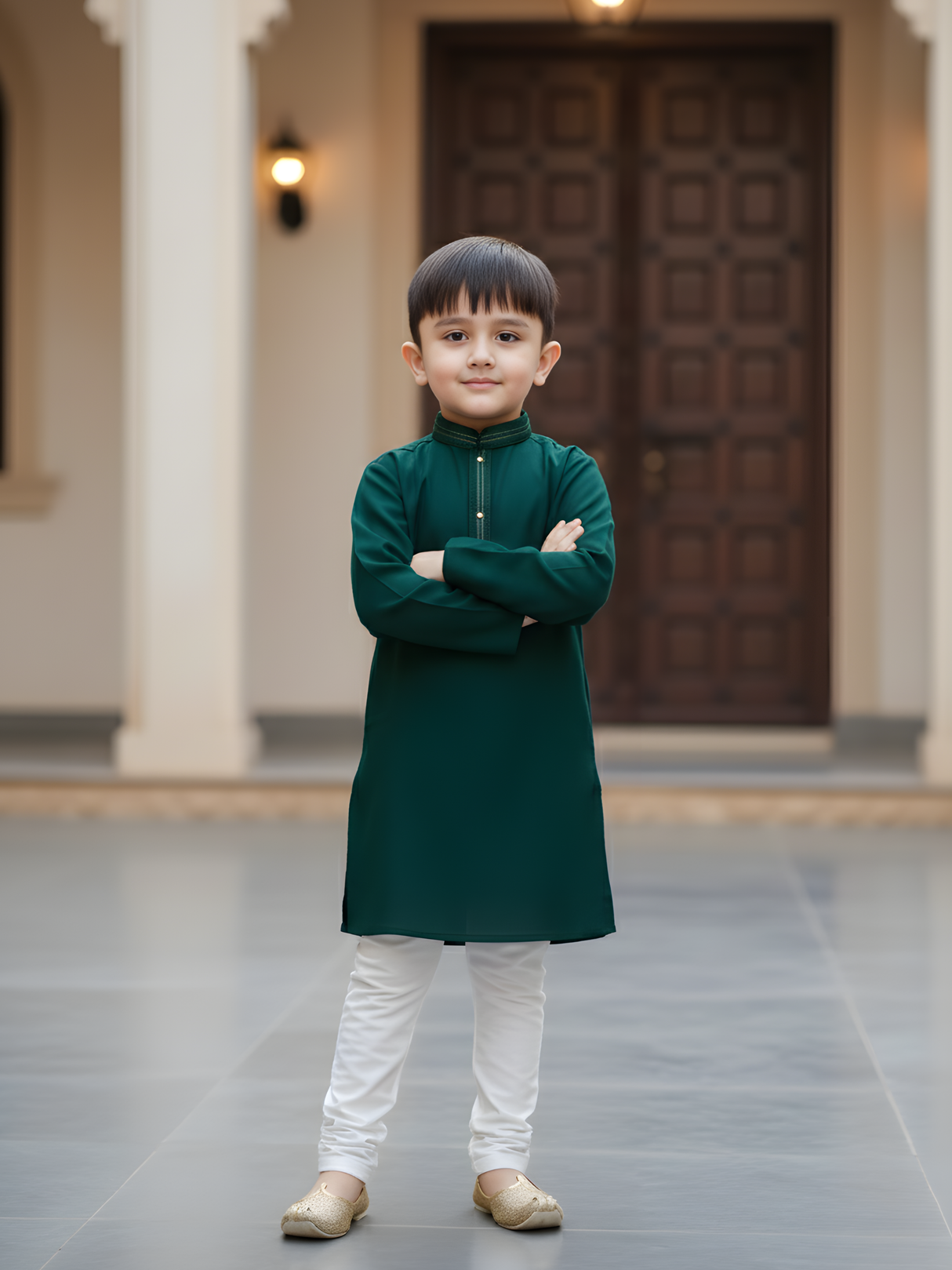 Boys' Bottle Green Kurta Pajama Set with Gold Neck Embroidery