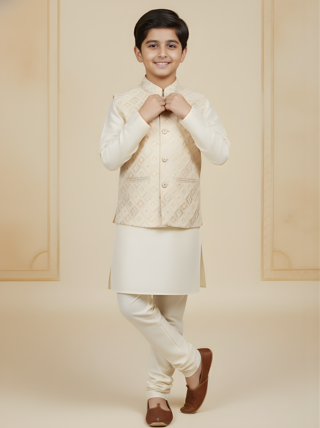 Boys Traditional Self Design Chudidar Kurta with Koti - Cream